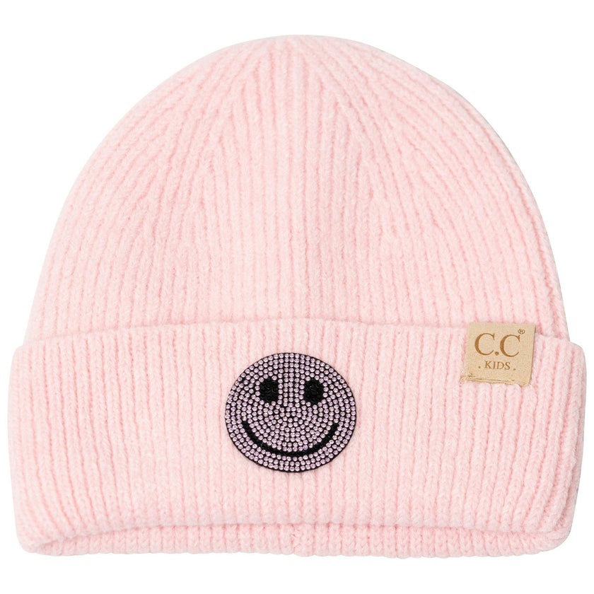 Little Girl's (4-6x) Solid Color Beanie with Rhinestone Happy Face Patch