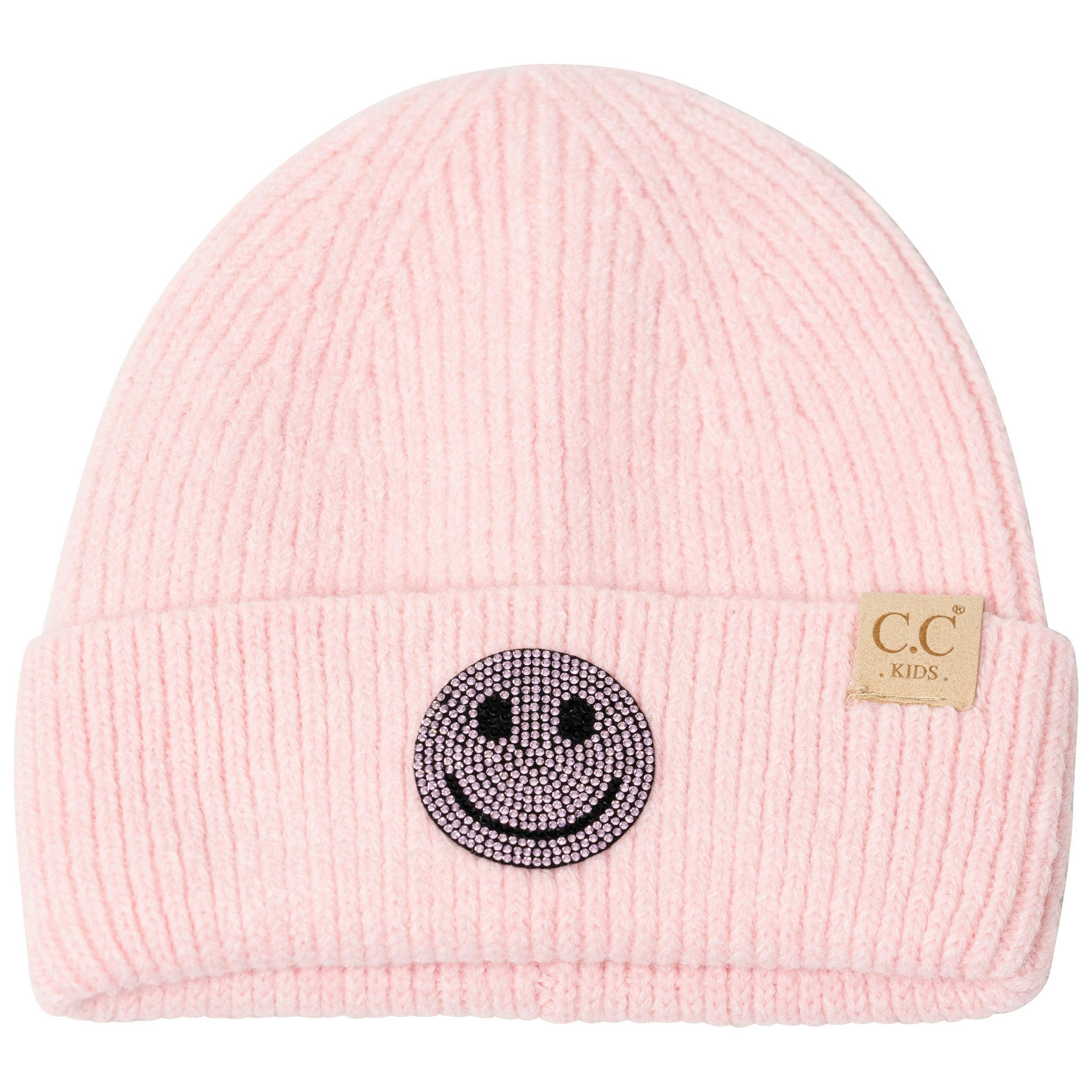 Little Girl's (4-6x) Solid Color Beanie with Rhinestone Happy Face Patch