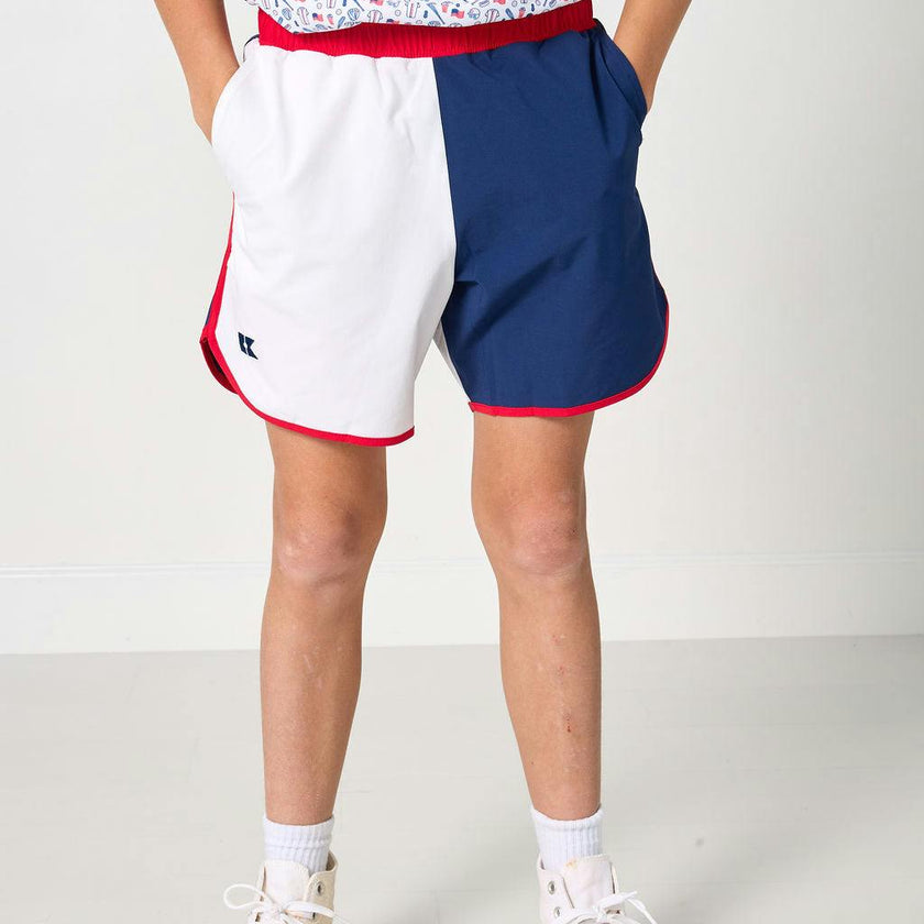 red white and navy block retro super short with red piping