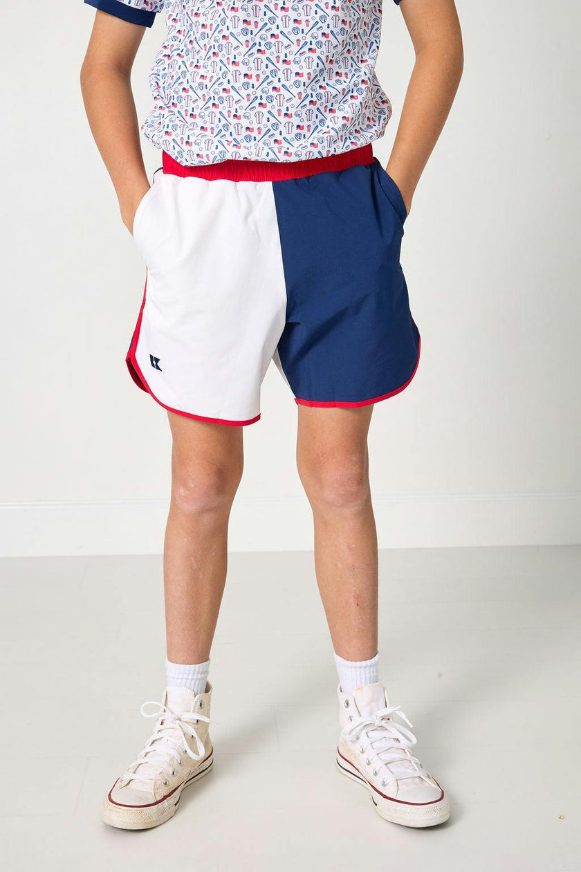 red white and navy block retro super short with red piping