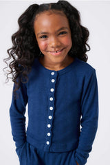 Girls Pointelle Cardigan in Navy