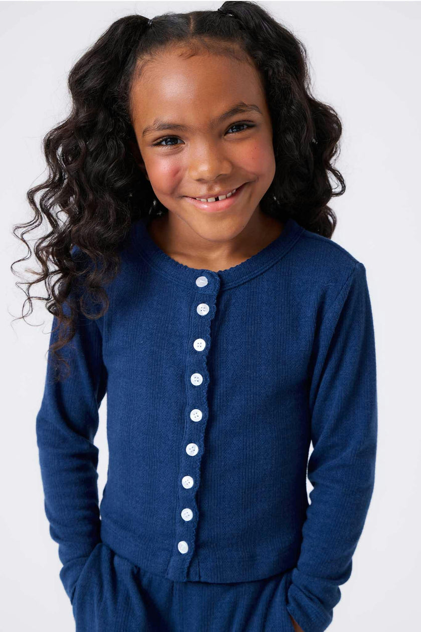 Girls Pointelle Cardigan in Navy