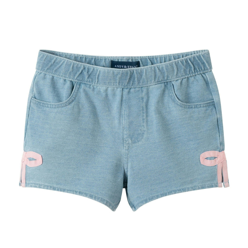 Girls Bow Hem Knit Denim Short | Blue Bow