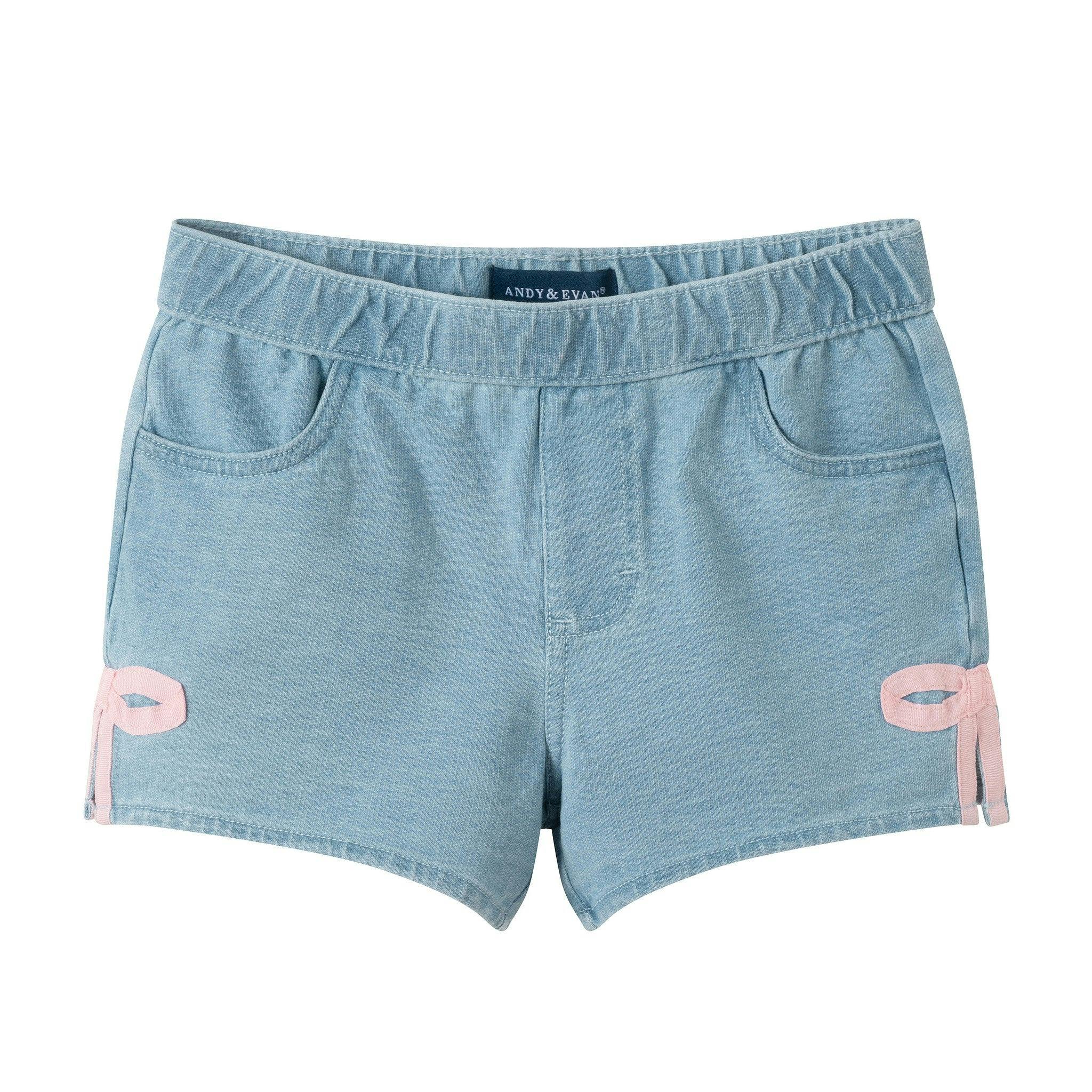 Girls Bow Hem Knit Denim Short | Blue Bow