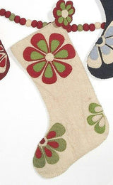 Hand Felted Wool Christmas Stocking - Flower Power Ivory Red and Green