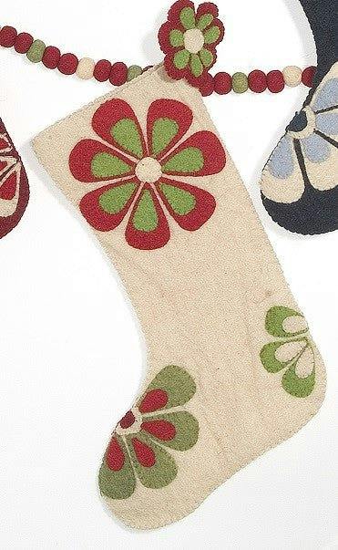 Hand Felted Wool Christmas Stocking - Flower Power Ivory Red and Green