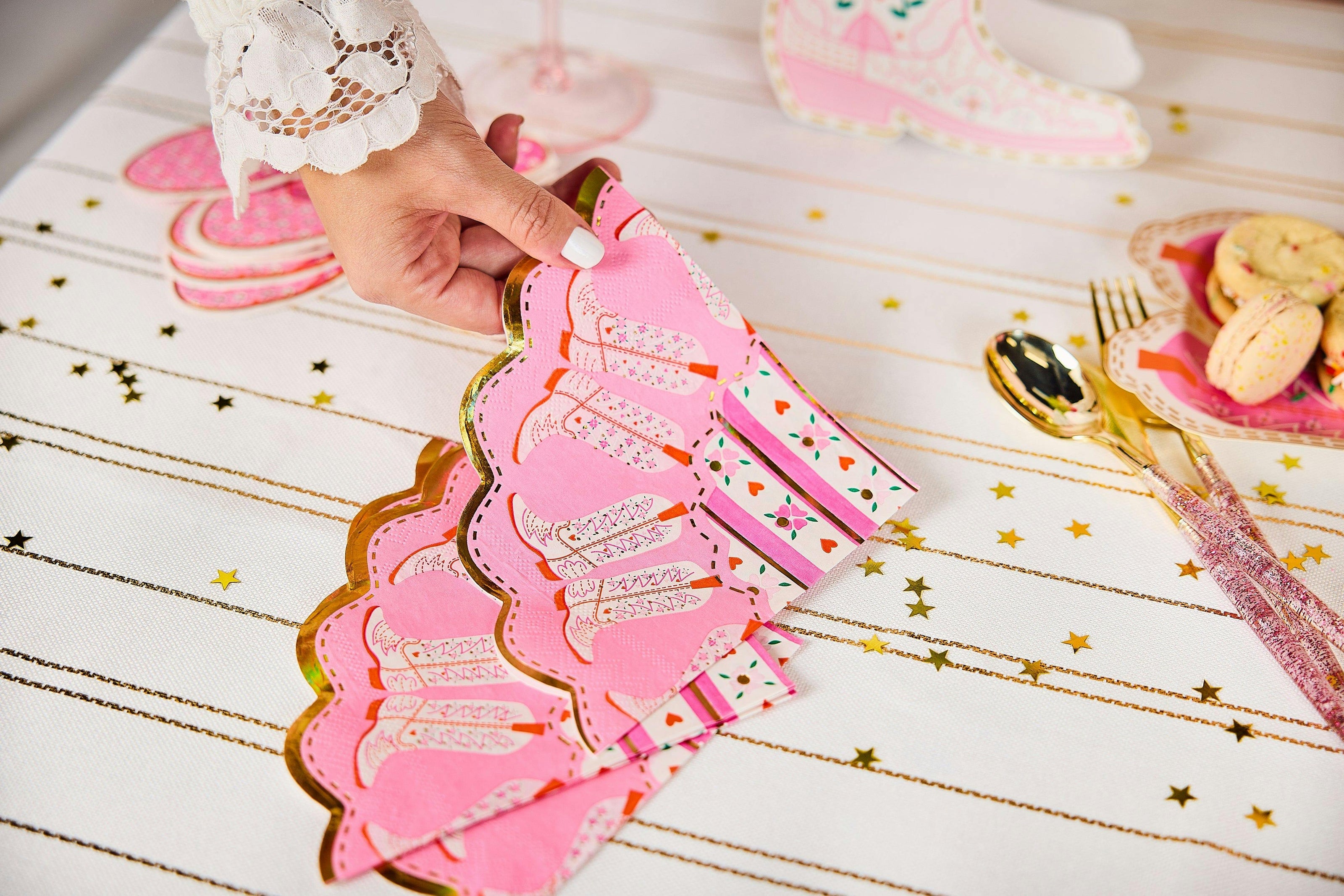 Packed Party Boot Scoot Blooms Western Dinner Napkins 20ct - Gold Foil Scalloped Pink Western Pattern 3-Ply Napkins for Western Parties