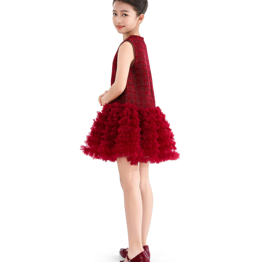Red Tweed & Tulle Ruffle Dress