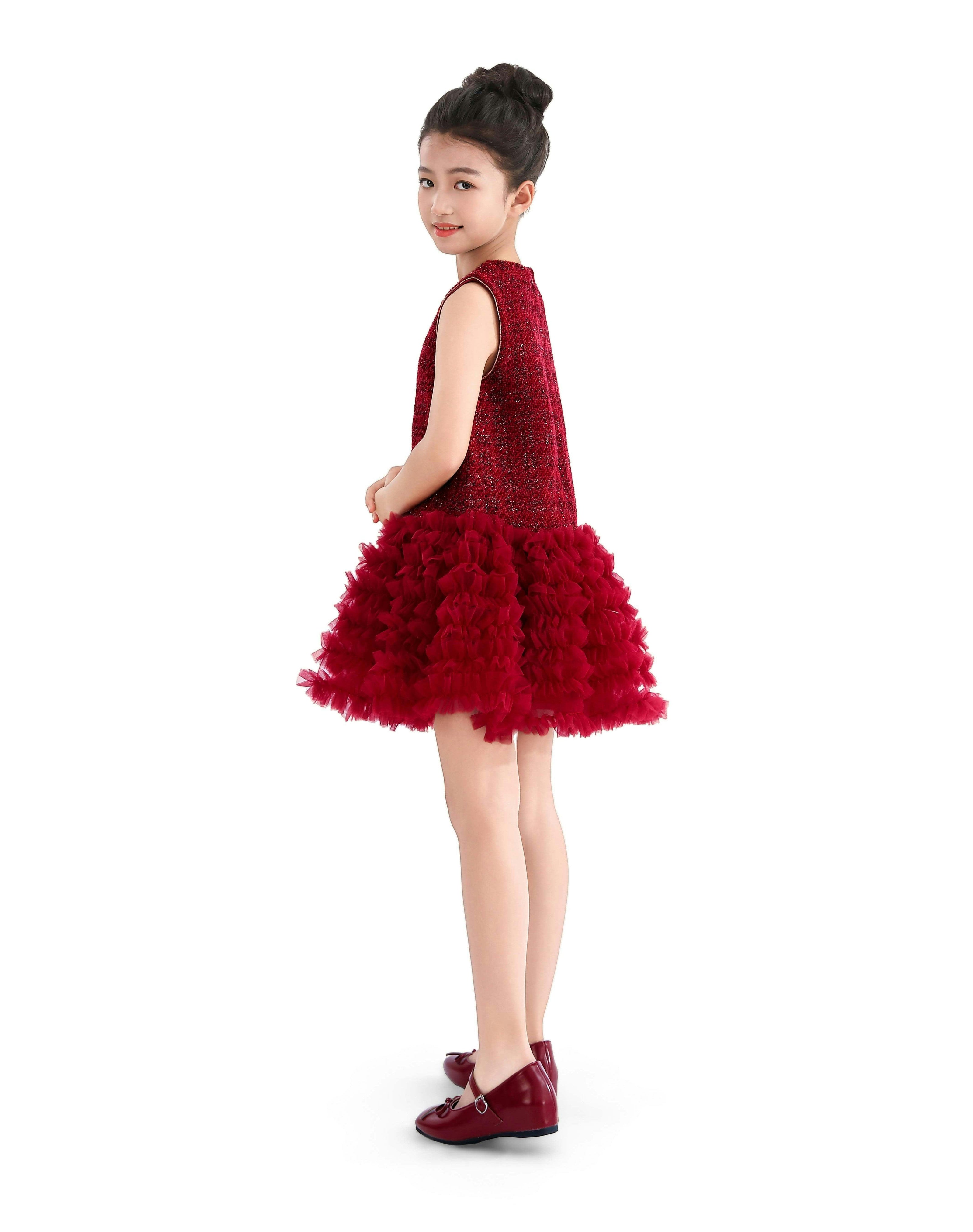 Red Tweed & Tulle Ruffle Dress