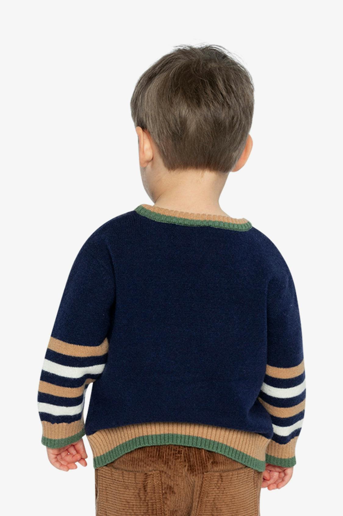 Knit Sweater With Intarsia Dark Blue, Brown And Beige