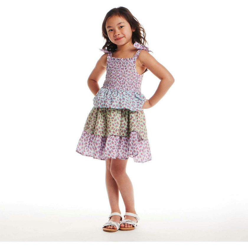 Kids Color Blocked Floral Tiered Dress