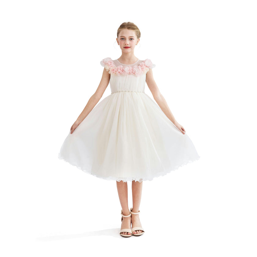 White Silvera Dress with Pink Petal Trim