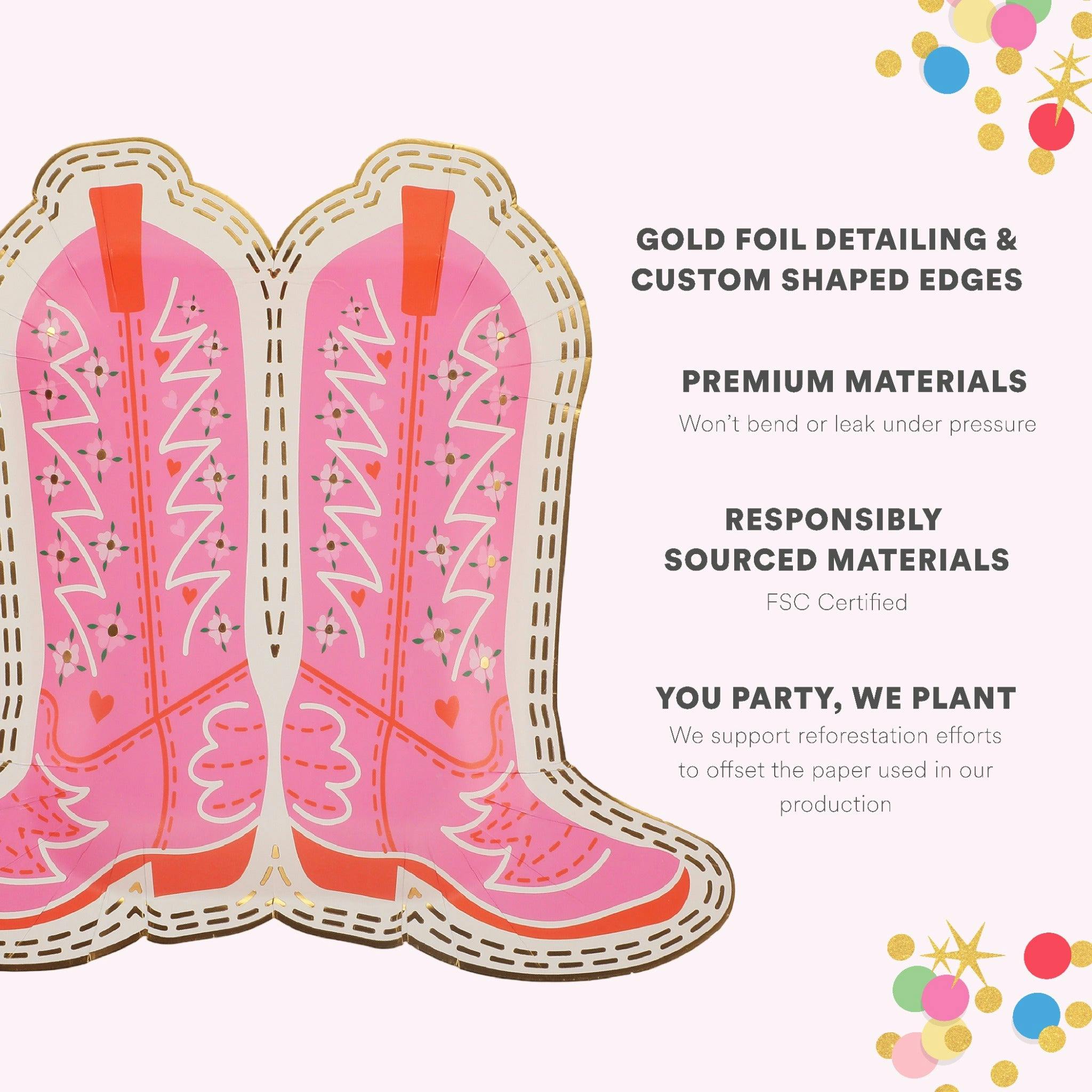 Packed Party Cowboy Boot Die-Cut Paper Dessert Plates 10ct - Gold Foil Pink Boot-Shaped Party Plates, 8 Inch, High Quality 350 GSM