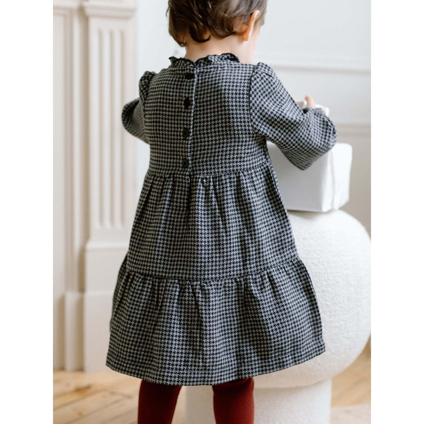KENDI Neela Flannel Ruffle Neckline Long Sleeve Dress Navy Plaid