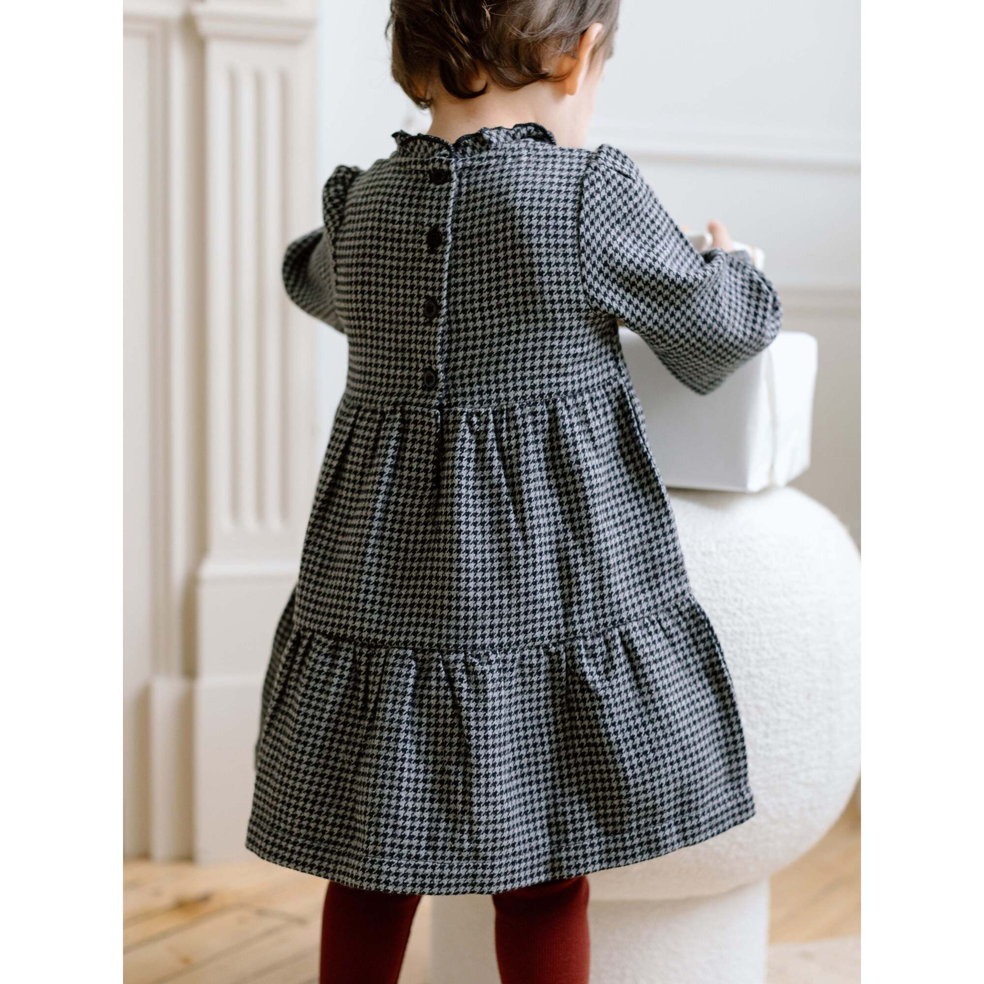 KENDI Neela Flannel Ruffle Neckline Long Sleeve Dress Navy Plaid
