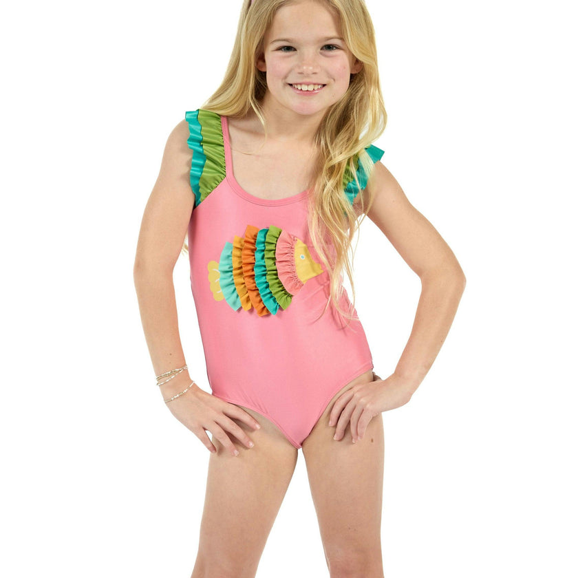 The Coral Reef Ruffle - Little Girls Pink Fish One Piece