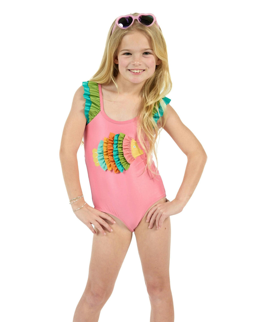 The Coral Reef Ruffle - Little Girls Pink Fish One Piece