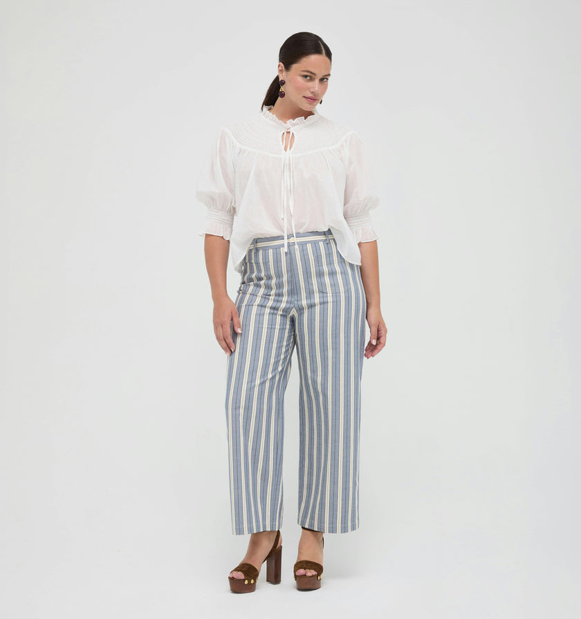 The Mindy Pant -  Coln Ticking Stripe Dusty Blue