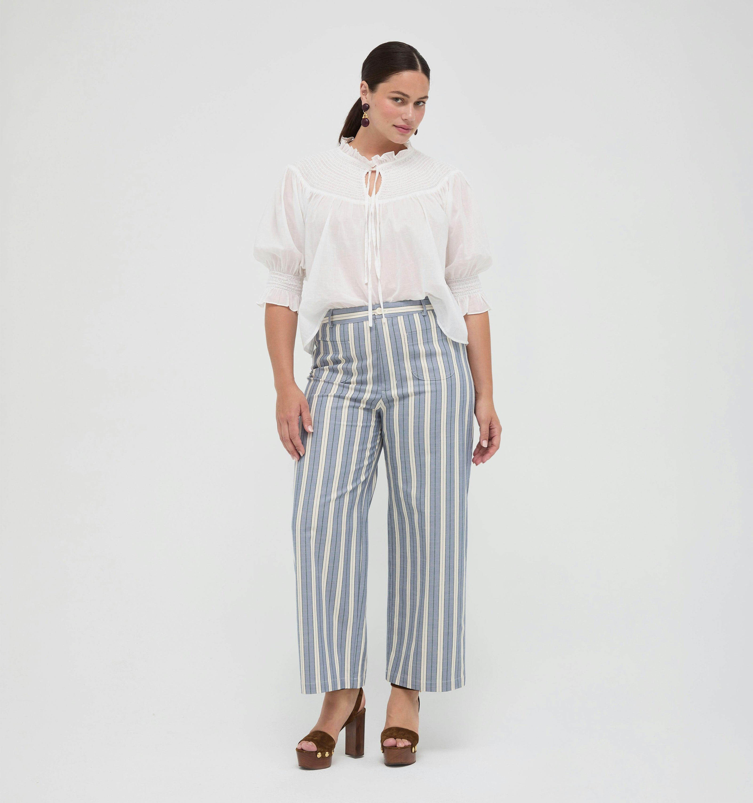 The Mindy Pant -  Coln Ticking Stripe Dusty Blue