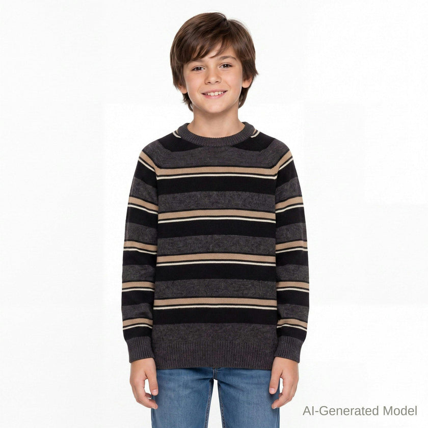Big Kid (8-18) Boys Striped Crewneck Sweater | Brown
