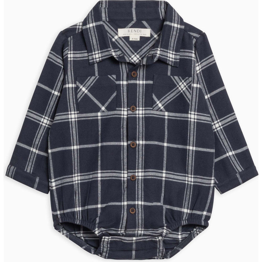 KENDI Carson Flannel Long Sleeve Collared Button Down Bodysuit Navy Plaid