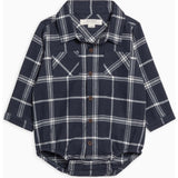 KENDI Carson Flannel Long Sleeve Collared Button Down Bodysuit Navy Plaid