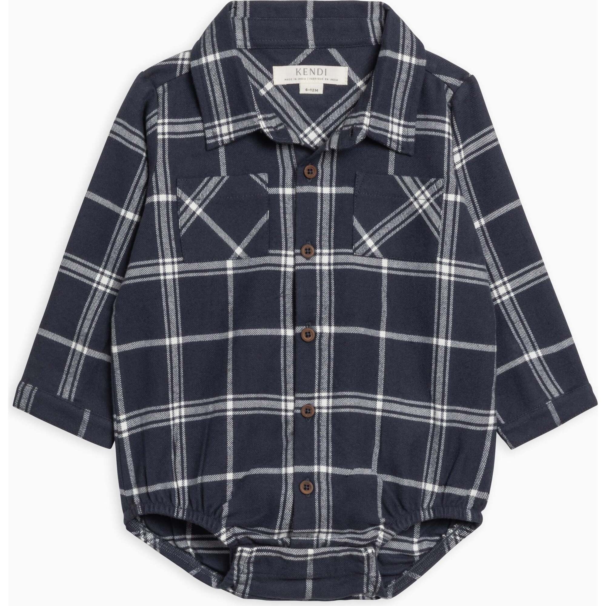 KENDI Carson Flannel Long Sleeve Collared Button Down Bodysuit Navy Plaid