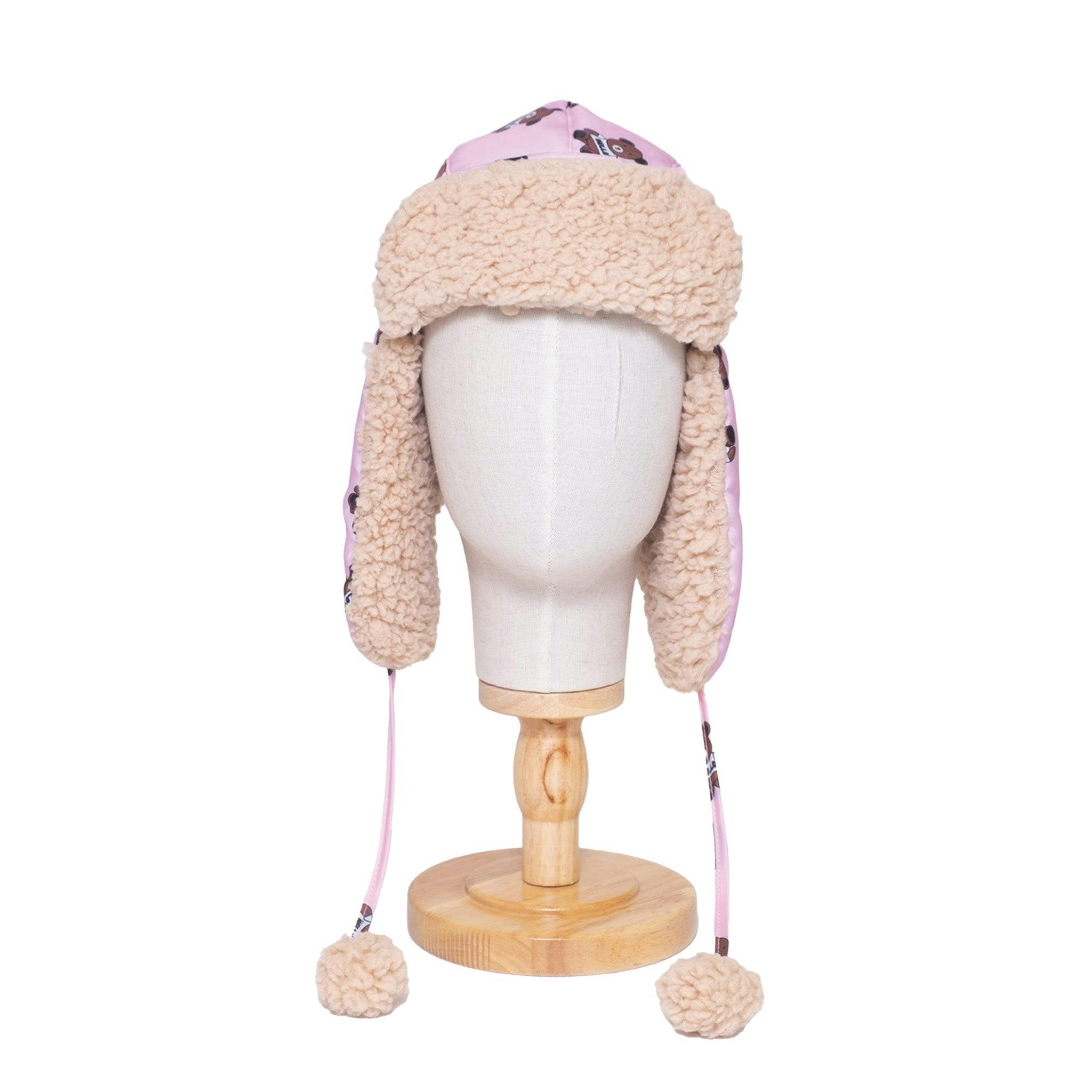 The Cozy Trapper Hat – Teddy Bears Print with Irish Cream Sherpa Liner & Pompoms