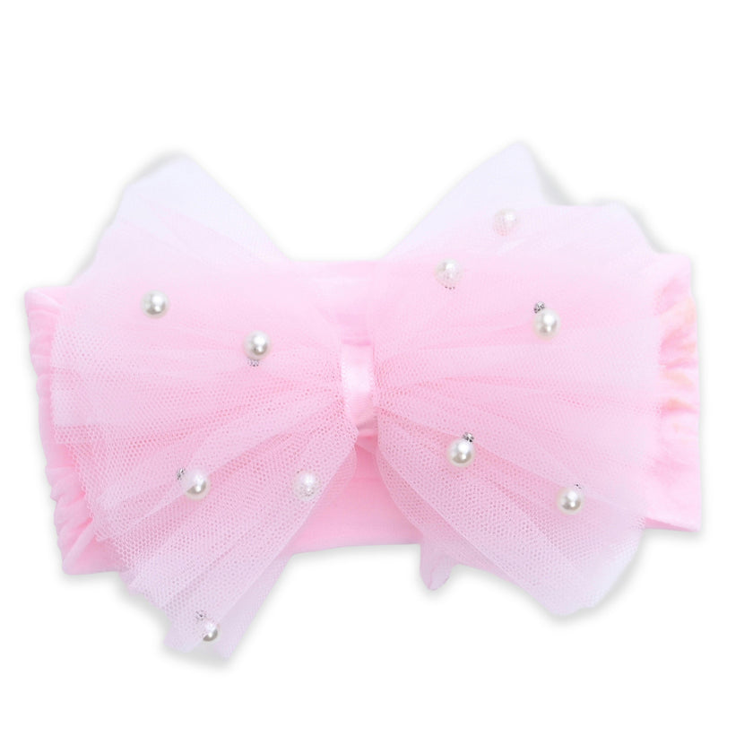 Multicolor Elastic Tulle Pearl Bow Headband Set