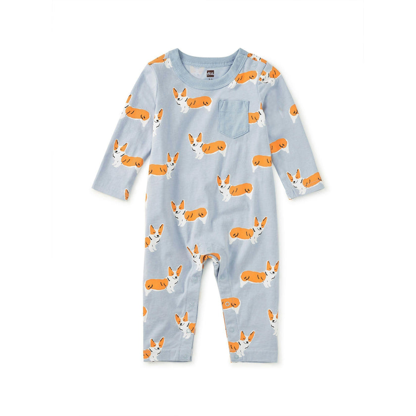 Long Sleeve Pocket Baby Romper, Cutie Corgis