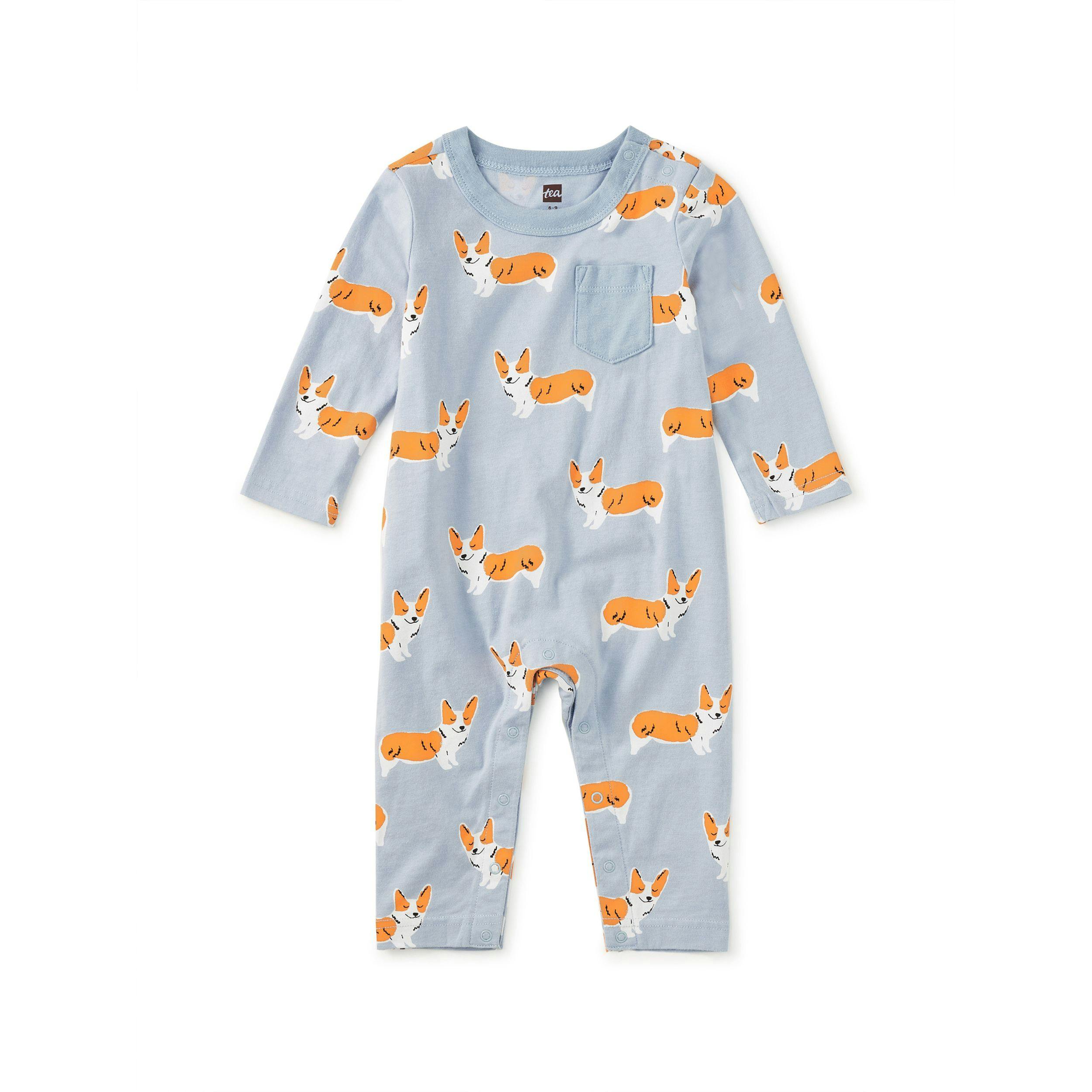 Long Sleeve Pocket Baby Romper, Cutie Corgis