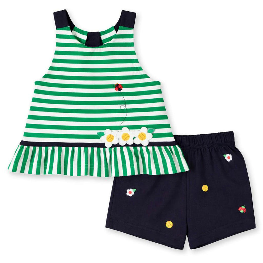 Knit Short Set With Softballs, Flowers, Ladybug