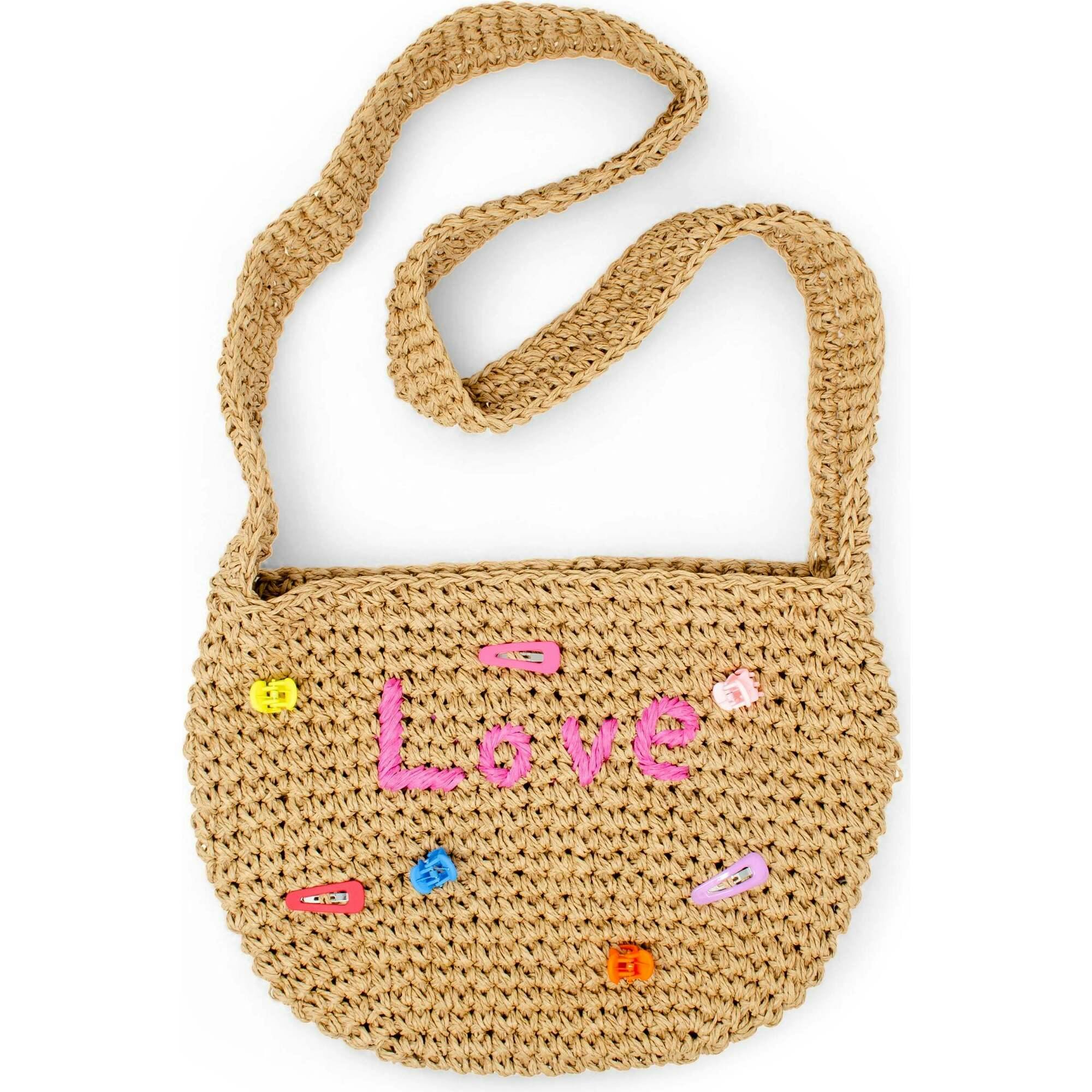 Girls Wicker Crossbody Message Charm Tote