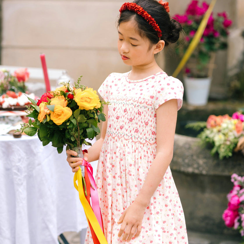 Poppy Pink Short Puff Sleeves Smocked Dress