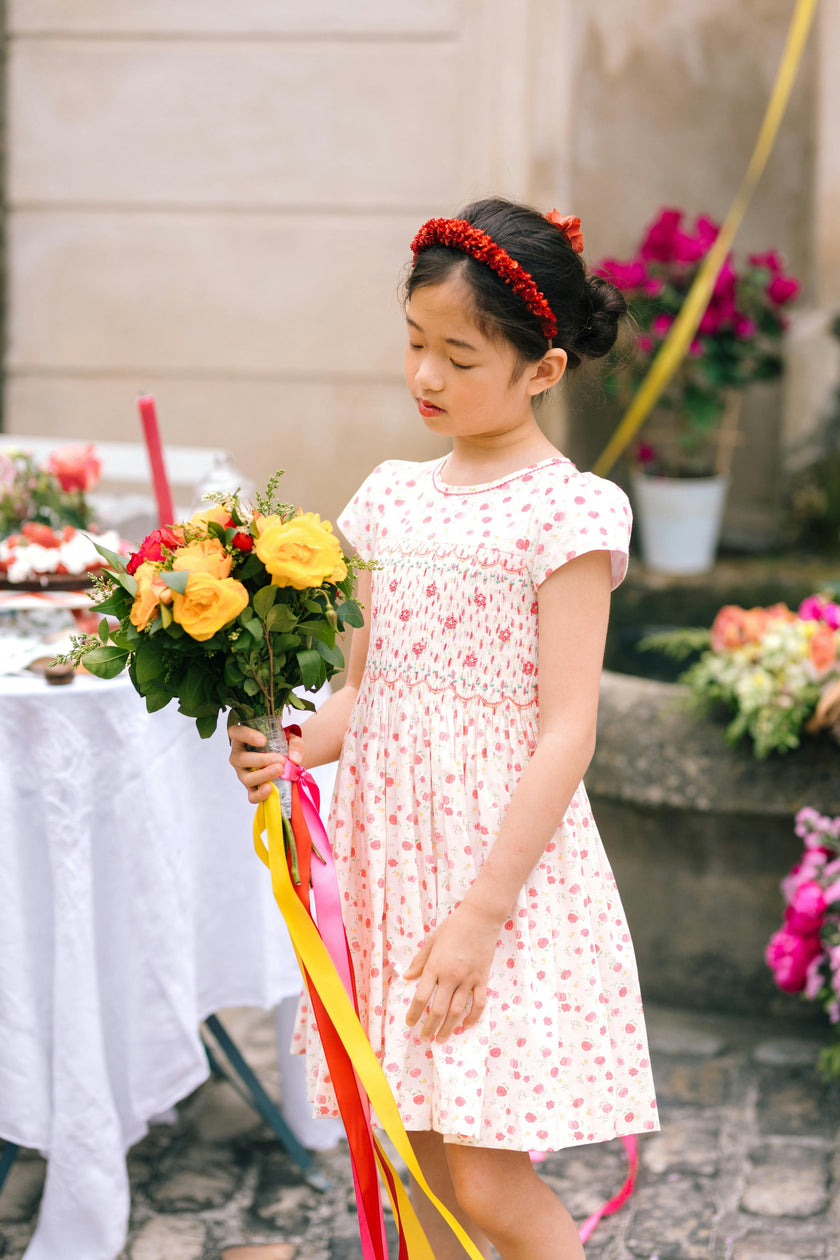 Poppy Pink Short Puff Sleeves Smocked Dress