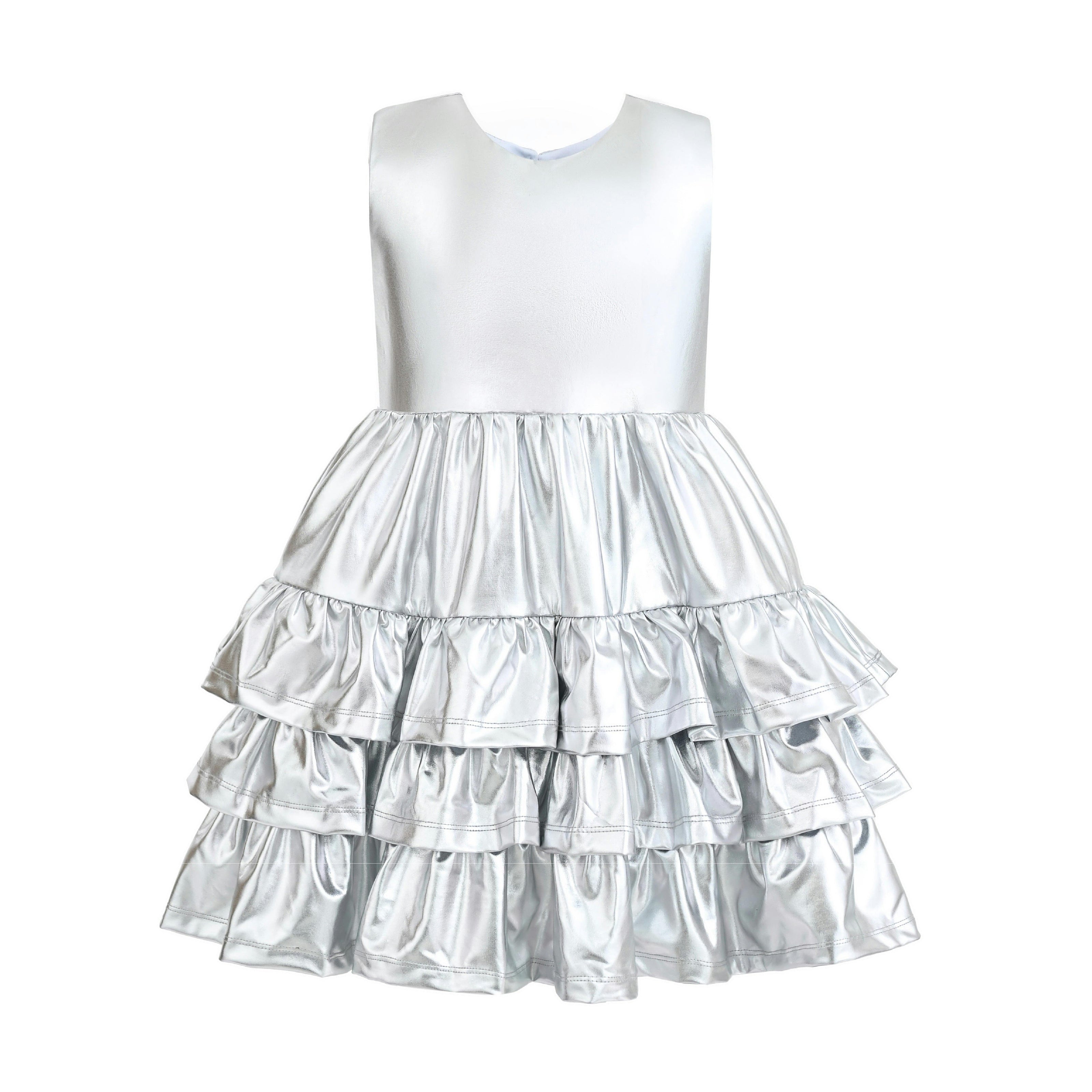 Silver Satin Ruffle Party Dress