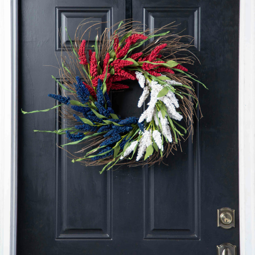 Faux Americana Astilbe Summer Front Door Wreath in Red, White & Blue on Wispy Natural Wreath Base