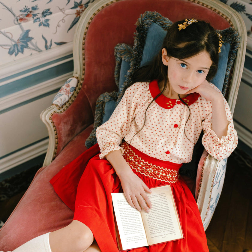Marie Red Smocked Skirt & Blouse