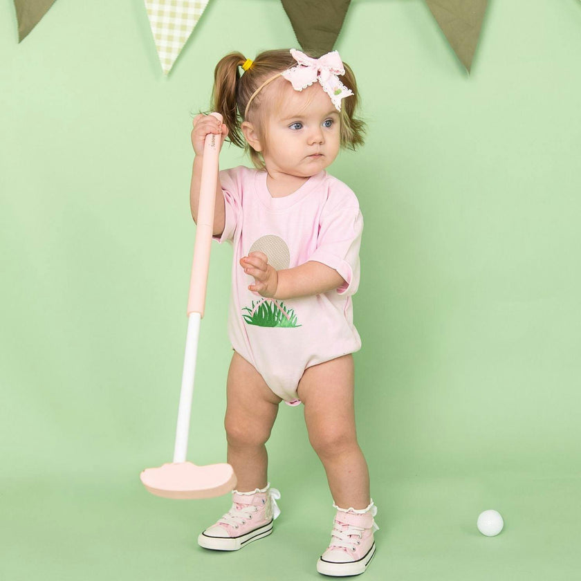 Golf Tee Bow Patch Short Sleeve Romper - Ballet
