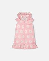 Terry Cloth Beach Hoodie Dress Pink Printed Flowers