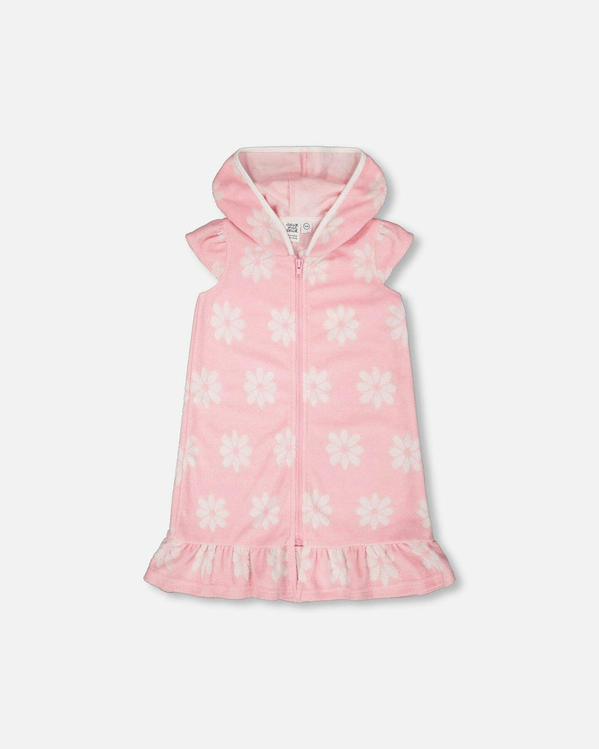 Terry Cloth Beach Hoodie Dress Pink Printed Flowers