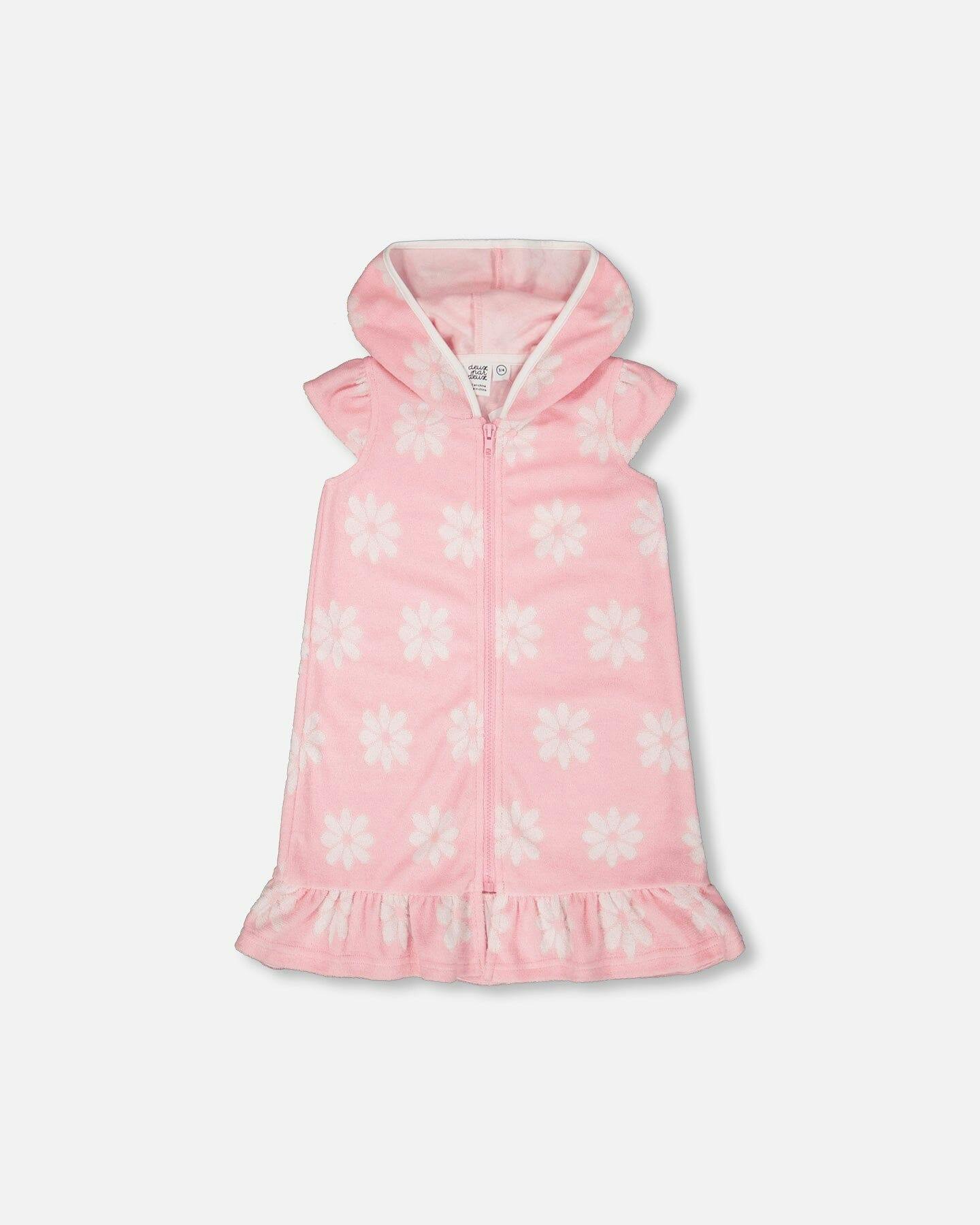 Terry Cloth Beach Hoodie Dress Pink Printed Flowers