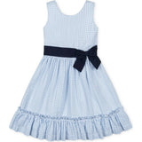 Organic Sleeveless Special Occasion Seersucker Party Dress with Cross Back, Blue