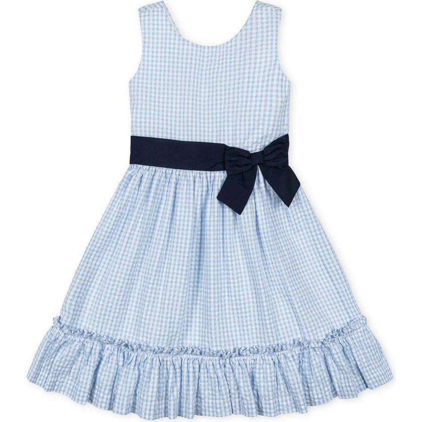 Organic Sleeveless Special Occasion Seersucker Party Dress with Cross Back, Blue