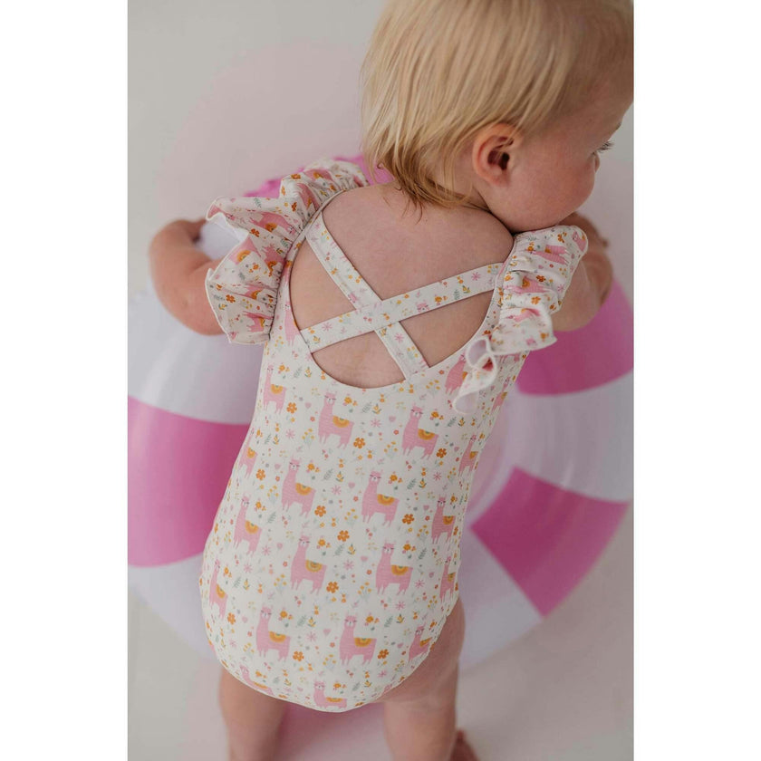 Baby Girl Ruffle Sleeve Cross Back Swimsuit