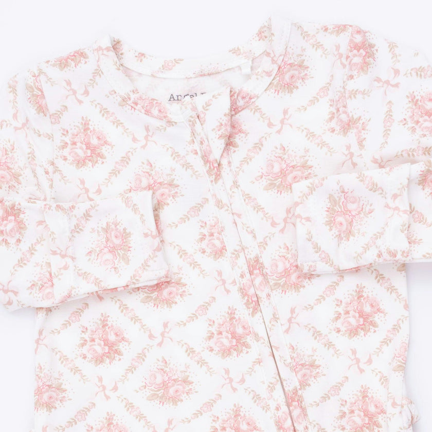 Rose Bow Lattice - 2 Way Ruffle Back Zipper Footie