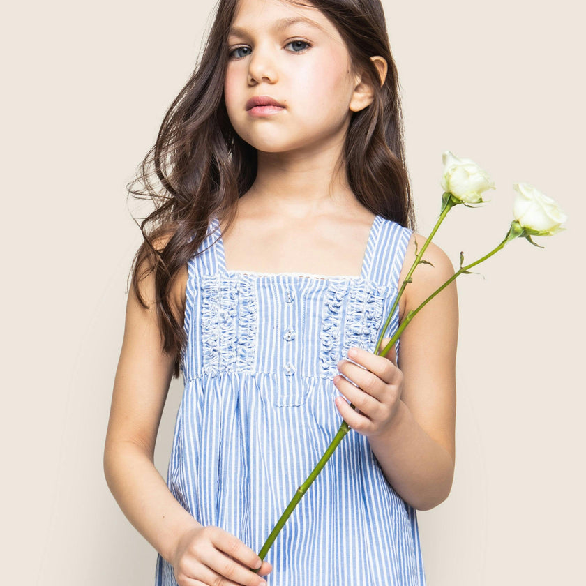 Girl's Twill Charlotte Nightgown in French Blue Heritage Stripe