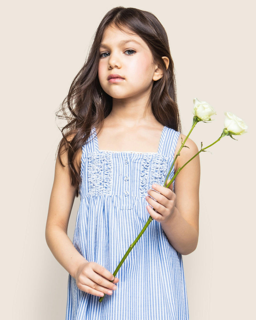 Girl's Twill Charlotte Nightgown in French Blue Heritage Stripe