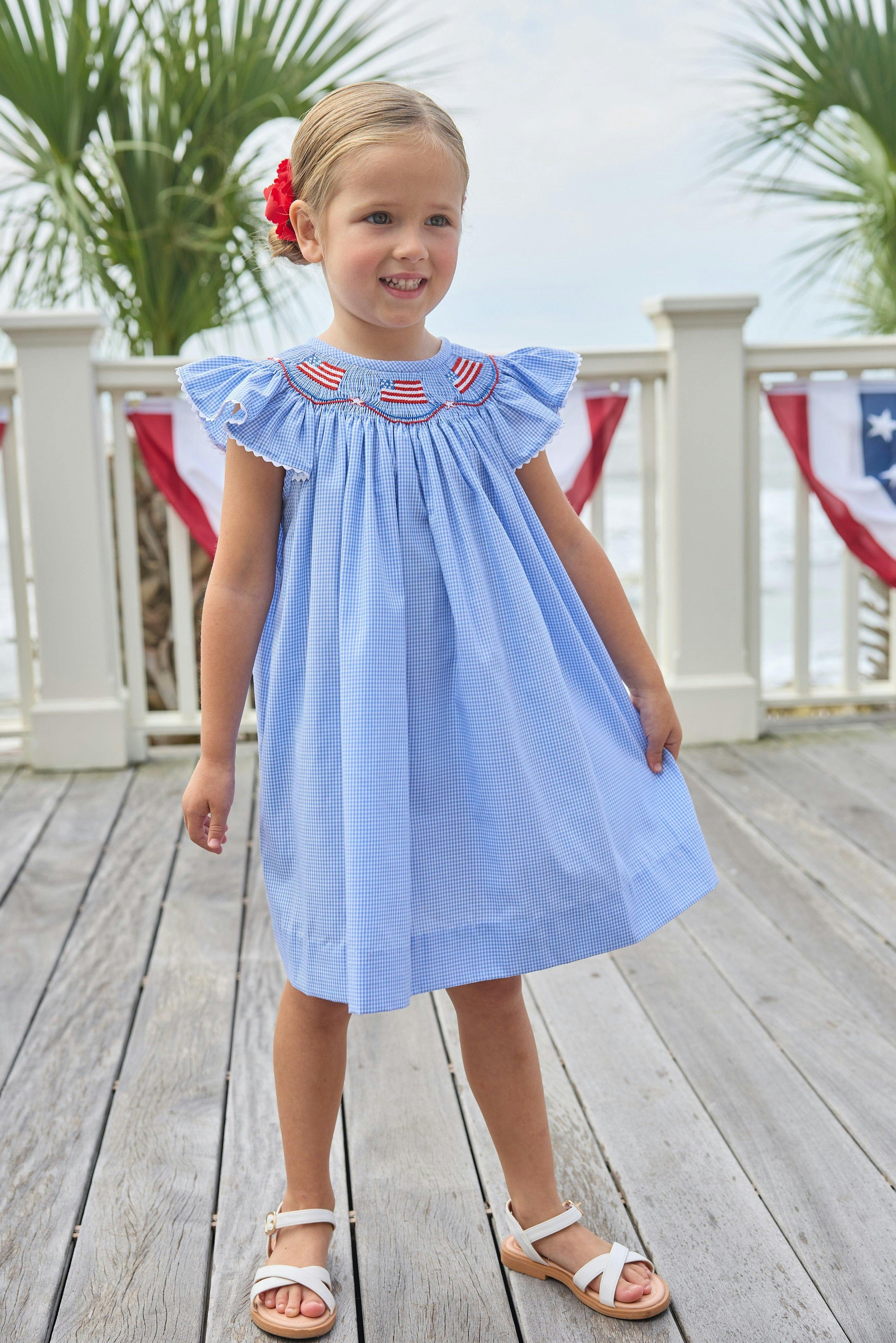 Smocked Bishop Dress - Flags