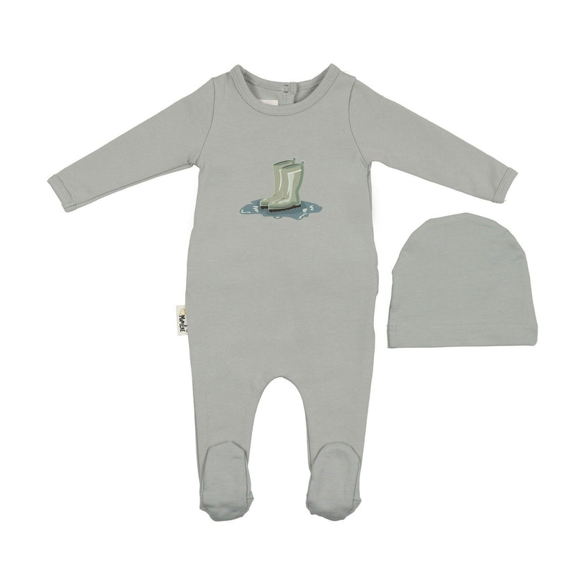 Rain Boot Print Footie and Beanie Set